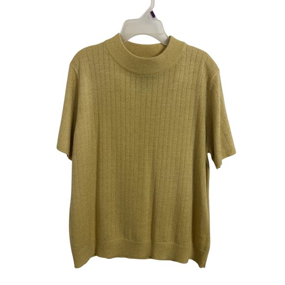 Sag Harbor Gold Metallic Short Sleeve Sweater Size Medium Mock Neck Grannycore - Picture 1 of 5